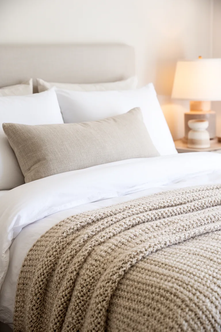 Close up of layered hotel bedding with a knit blanket and lumbar pillow
