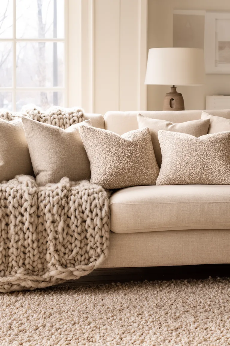 Sofa layered with knit throw, boucle pillows and a soft wool rug