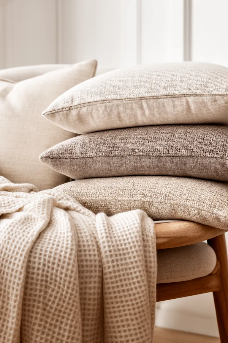 Stacked textured cushions with a waffle weave blanket on a chair