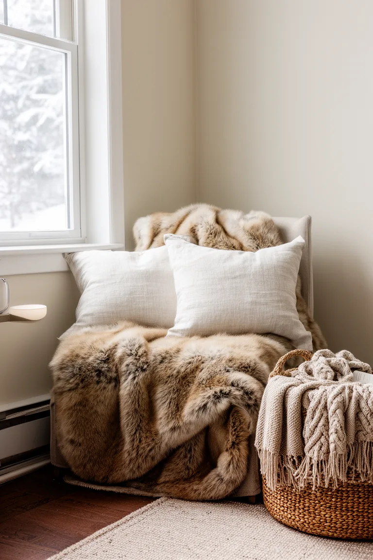 Reading nook with faux fur throw, linen pillows and a basket of blankets