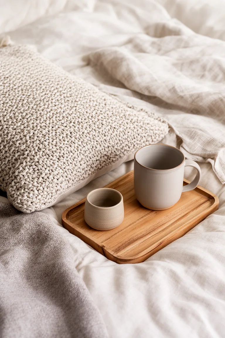 Overhead flat lay of layered knit cushion, ceramic mug and wooden tray