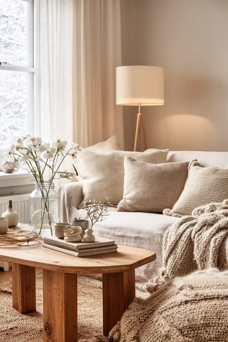 Neutral living room mixing knit, wood and wool textures