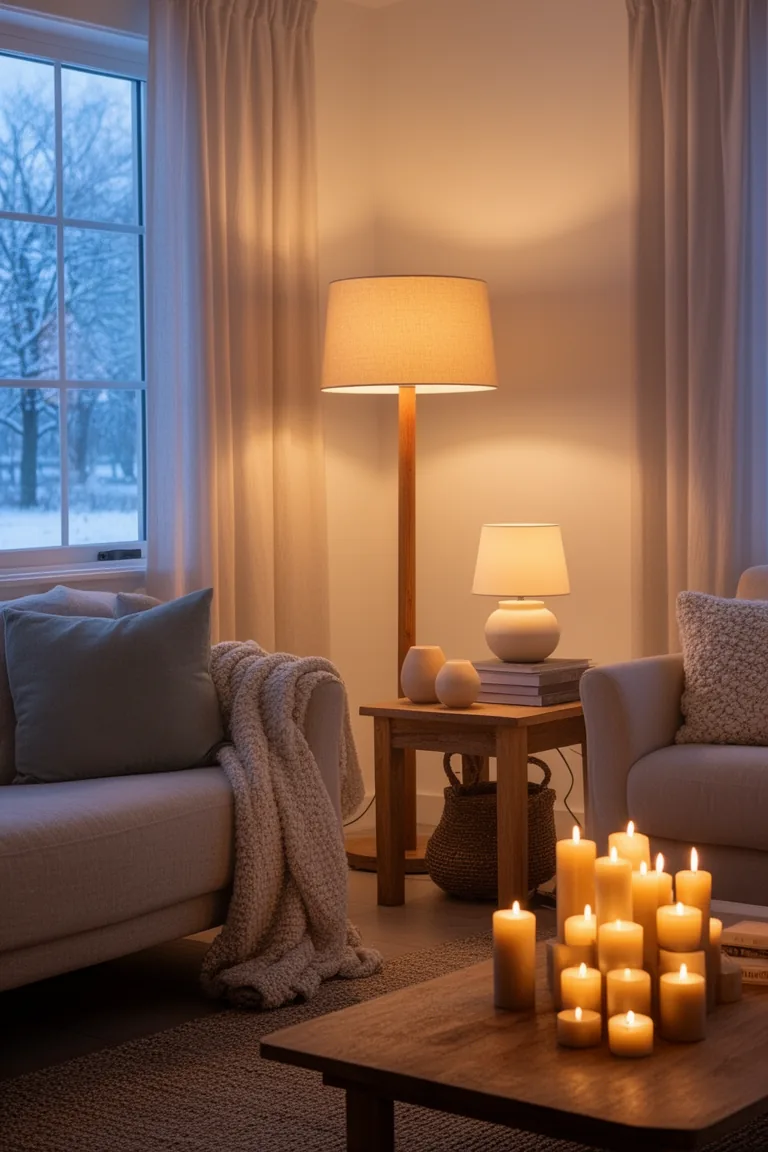 Living room with layered floor lamp, table lamp and candle glow