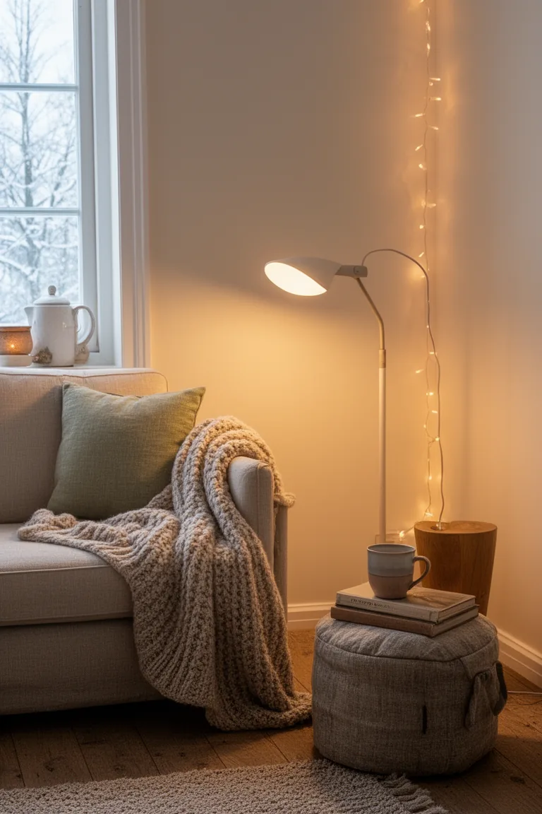 Cozy corner lit by a reading lamp and warm string lights