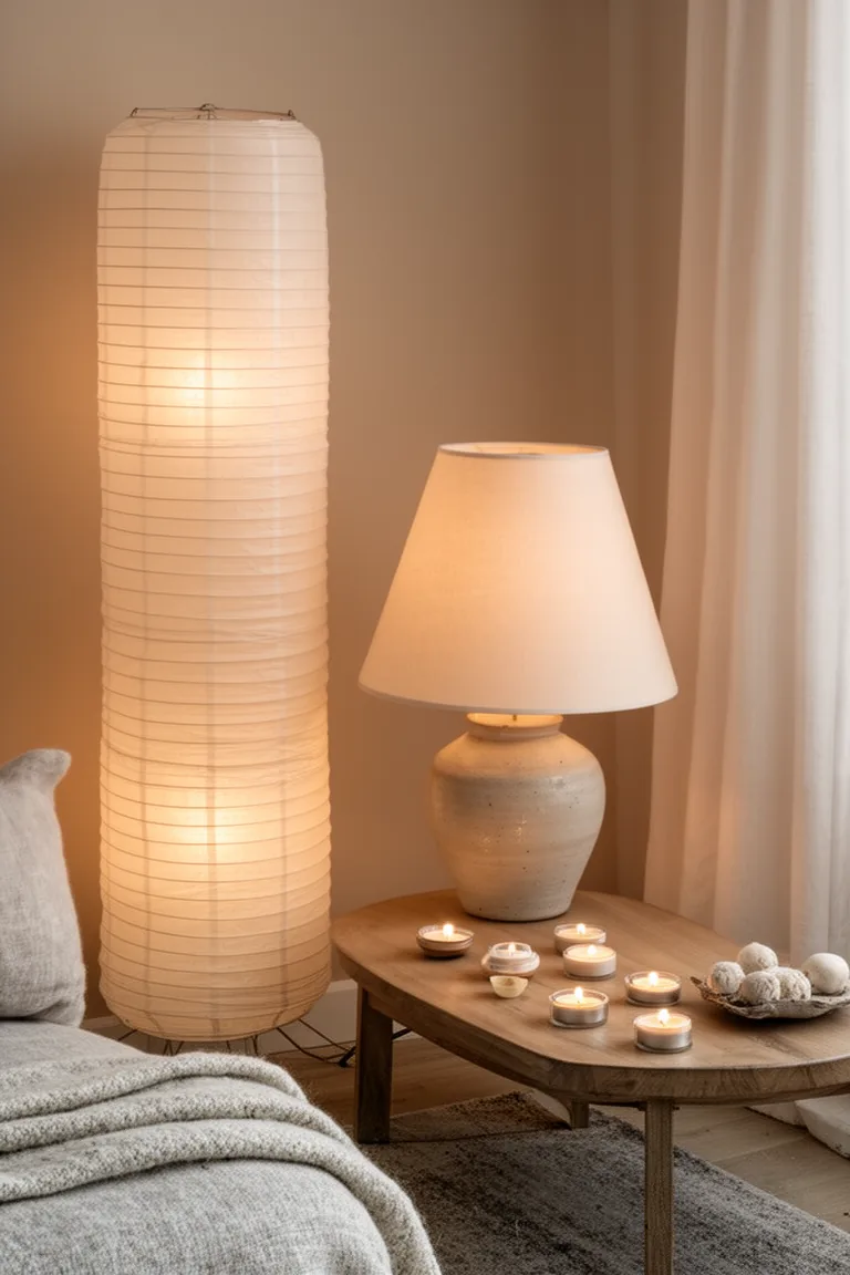 Room with a paper lantern lamp, ceramic table lamp and tealights
