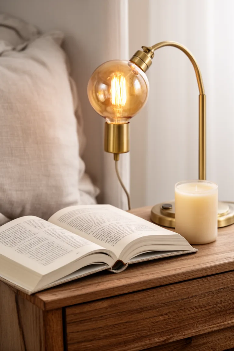 Brass table lamp with amber bulb beside a book and candle