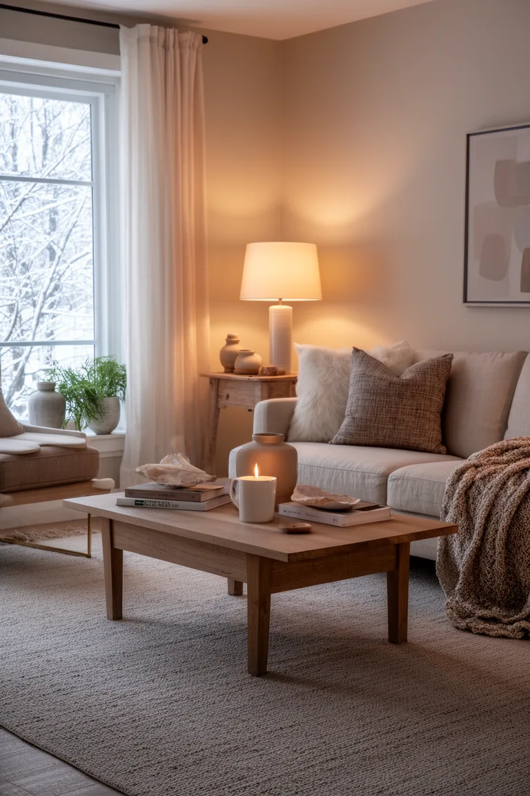 Winter evening scene with ambient, task and accent lighting