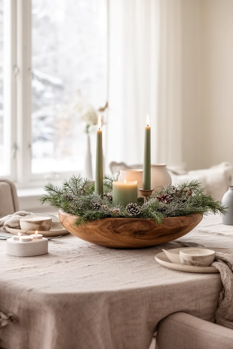 Dining table with a wood bowl, candles and winter greenery centerpiece