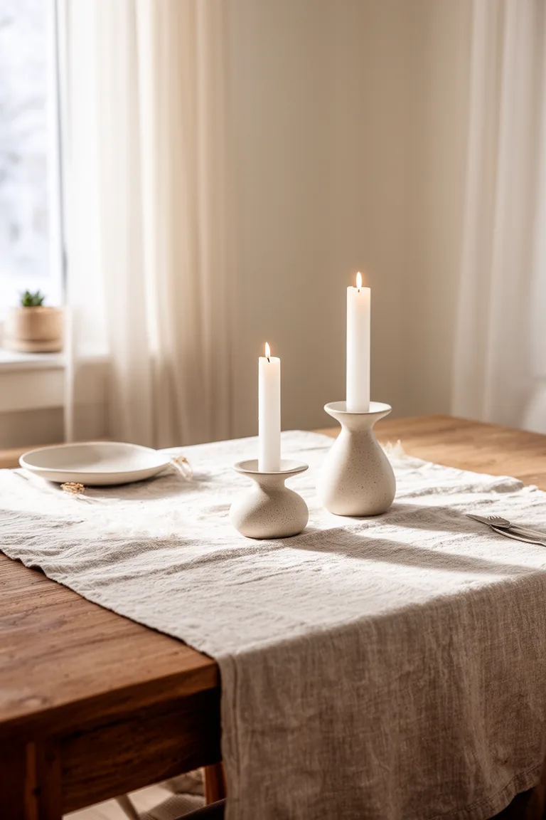 Neutral tablescape with linen runner, taper holders and white candles