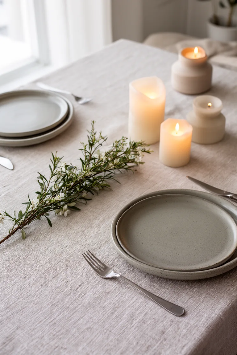 Overhead dining table with greenery, pillar candles and stoneware
