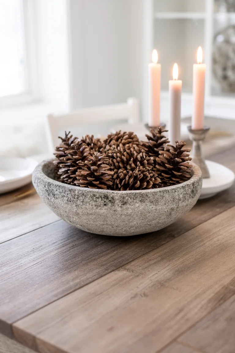 Close up of a stone bowl of pinecones and candles on wood