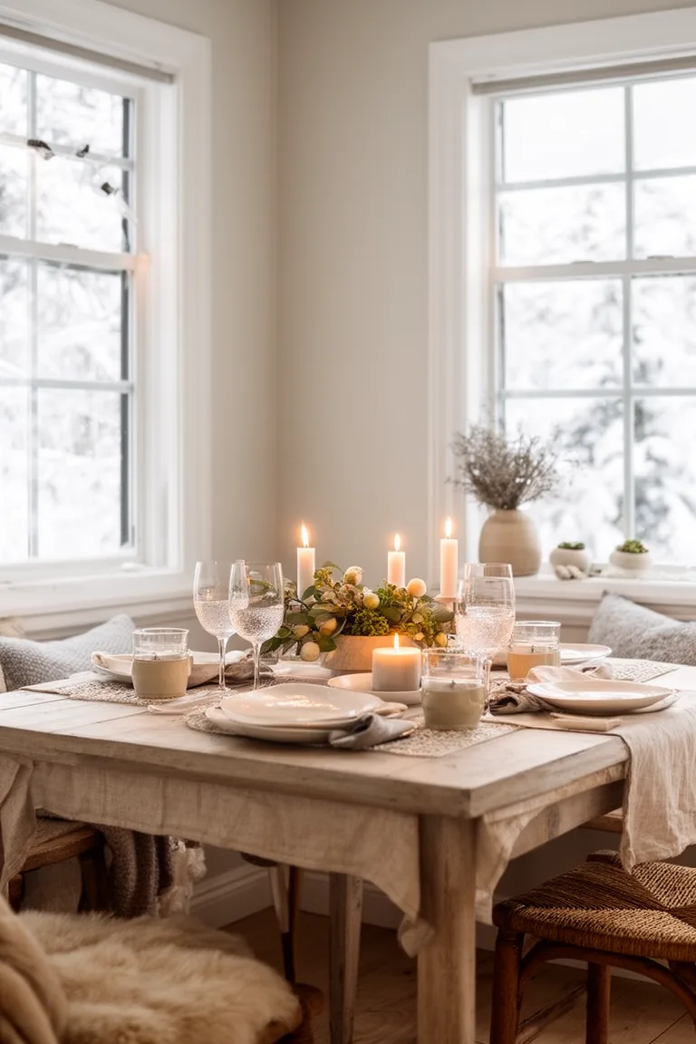 Warm winter dining nook with a relaxed candlelit centerpiece