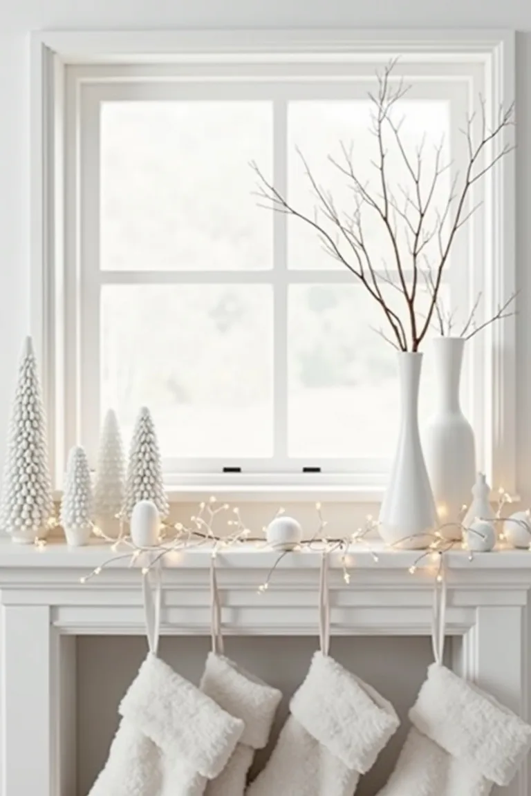 All-white mantel with ceramic trees and fairy lights