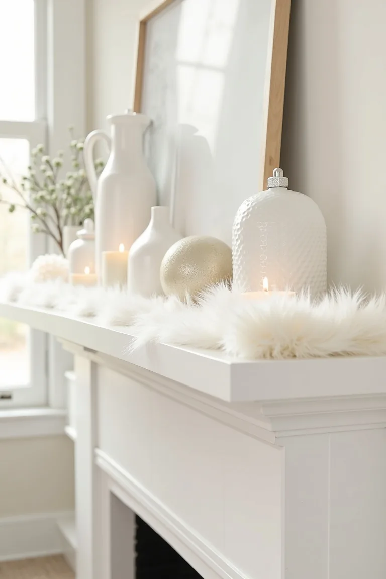 Matte and glossy whites with a fluffy mantel runner