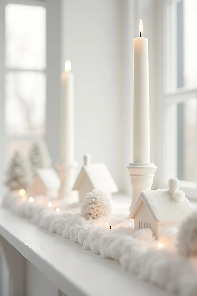 White ceramic houses and frosted candles in a snowy scene