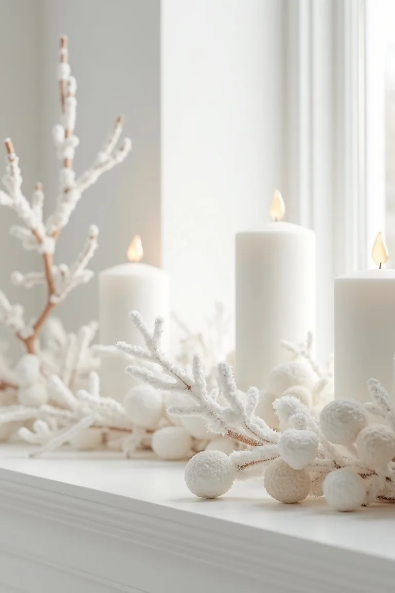 Bleached wood beads and white pillar candles, close up