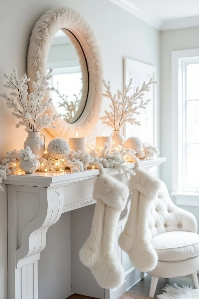 White florals and faux fur stockings with clear twinkle lights