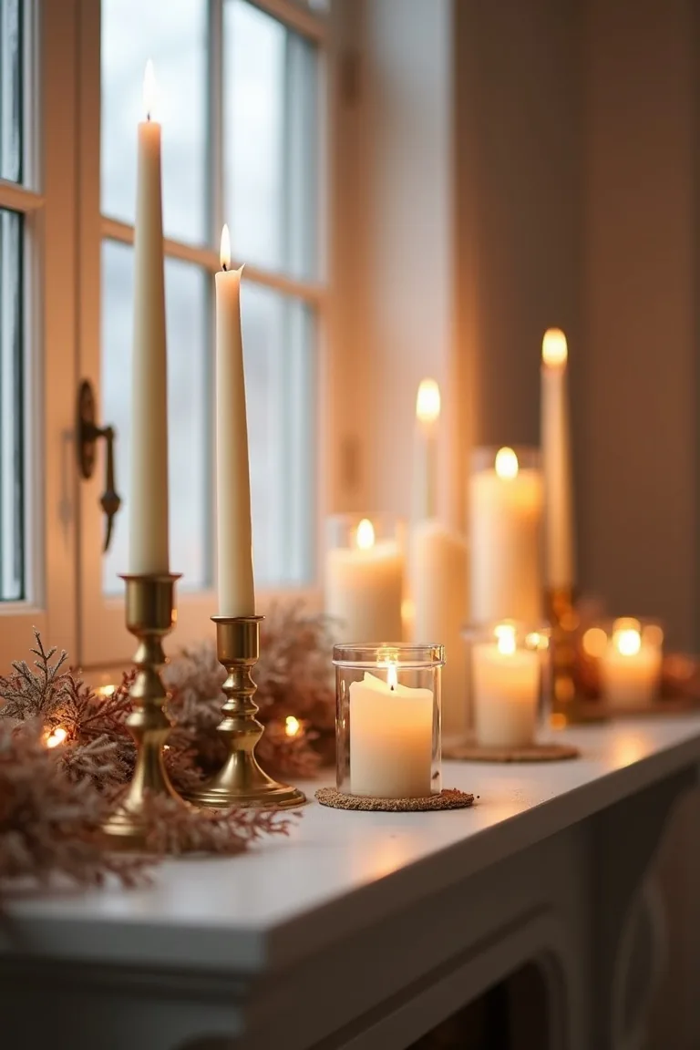 Brass tapers, ivory pillars and glass votives in a glowing row