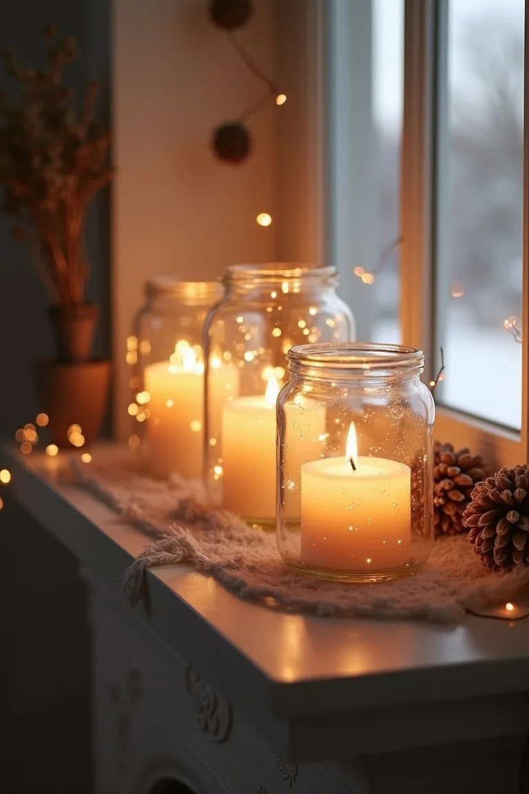Fairy lights inside clear hurricane vases for a soft shimmer