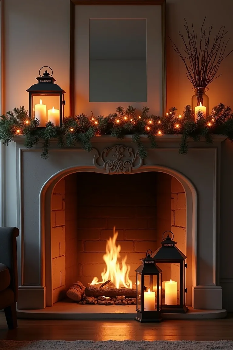 Two oversized lanterns on a hearth below a winter mantel