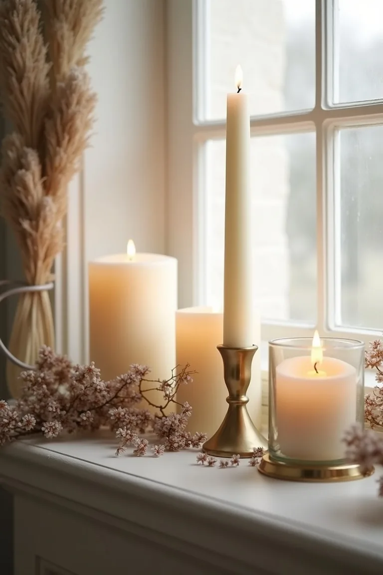 Mixed ivory and brass candles with a warm white glow