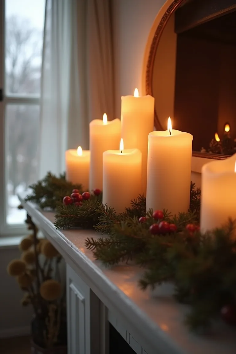 Clusters of candles in varied heights with evergreen sprigs