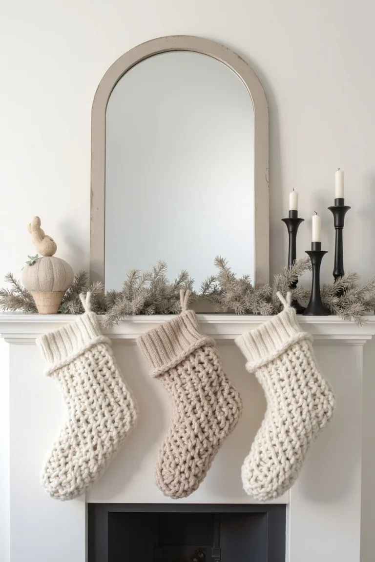 Neutral winter mantel with chunky knit stockings and a linen garland