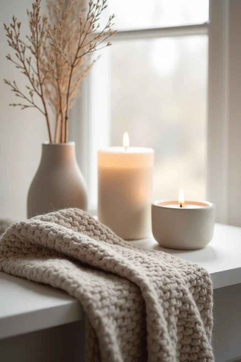 Close-up of matte ceramics and glass on a soft gray mantel