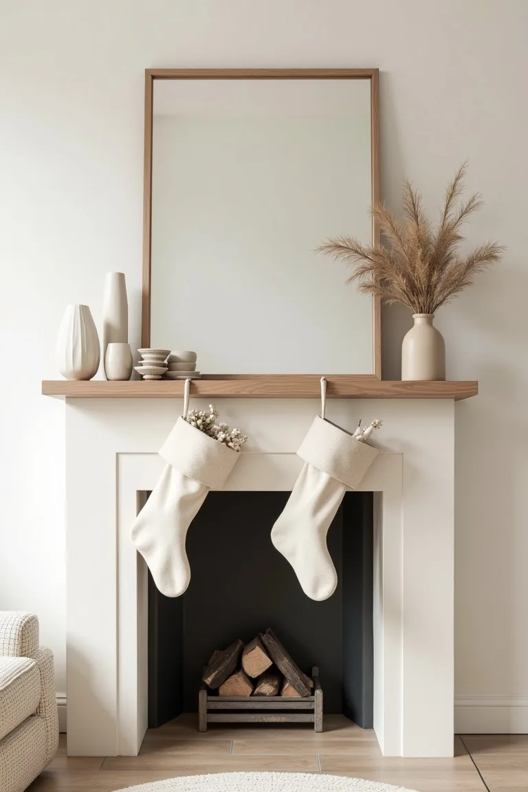 Wide neutral mantel above a fireplace with a simple mirror