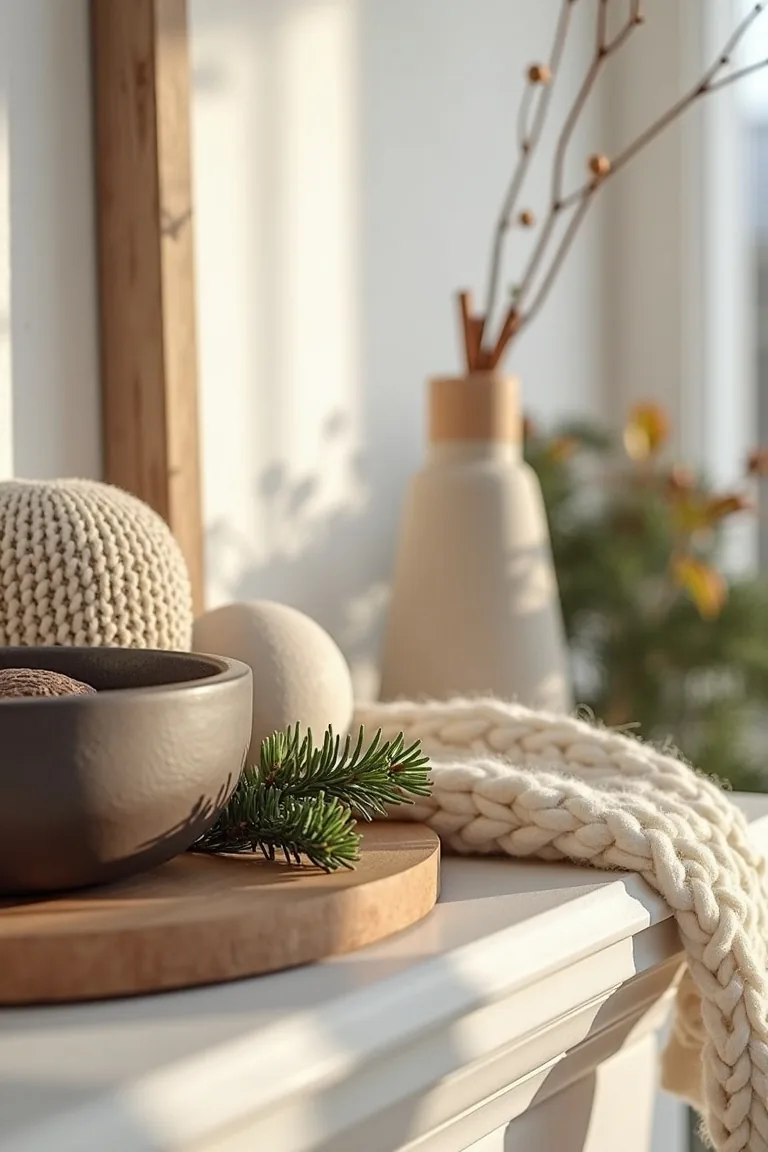 Detail of taupe and oatmeal mantel decor with a wood bowl