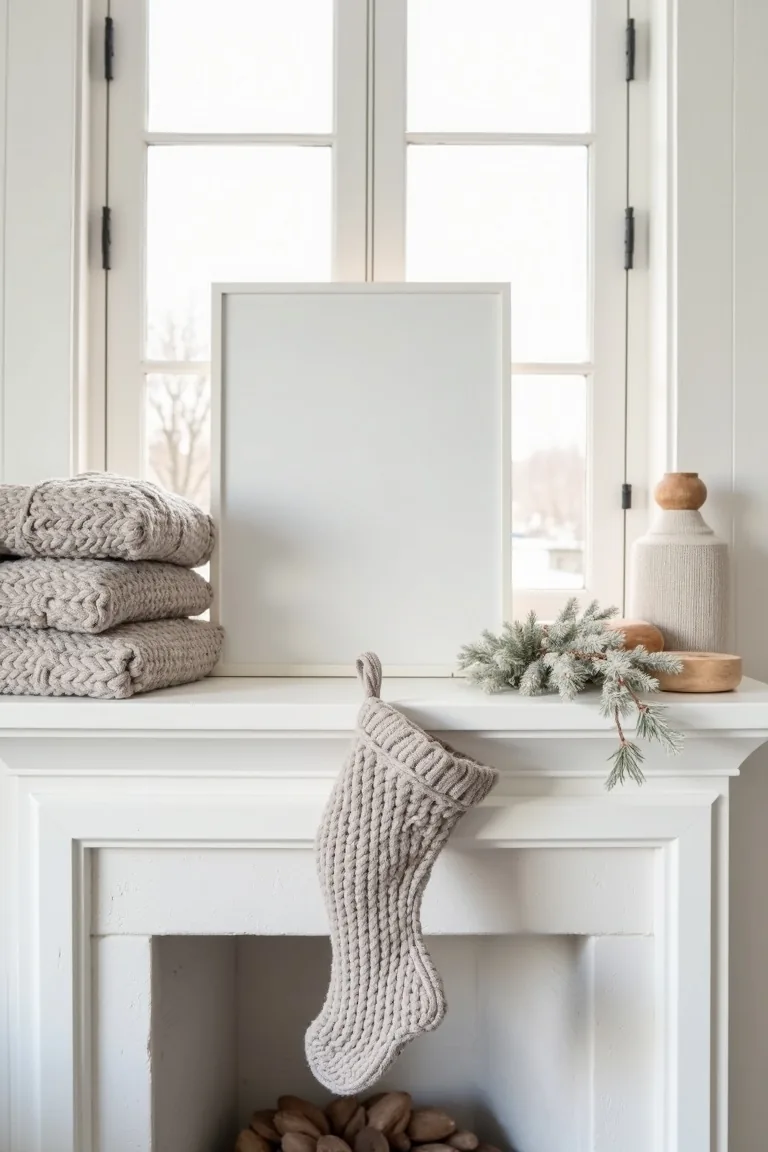 Bright neutral mantel with white frames and gray throws
