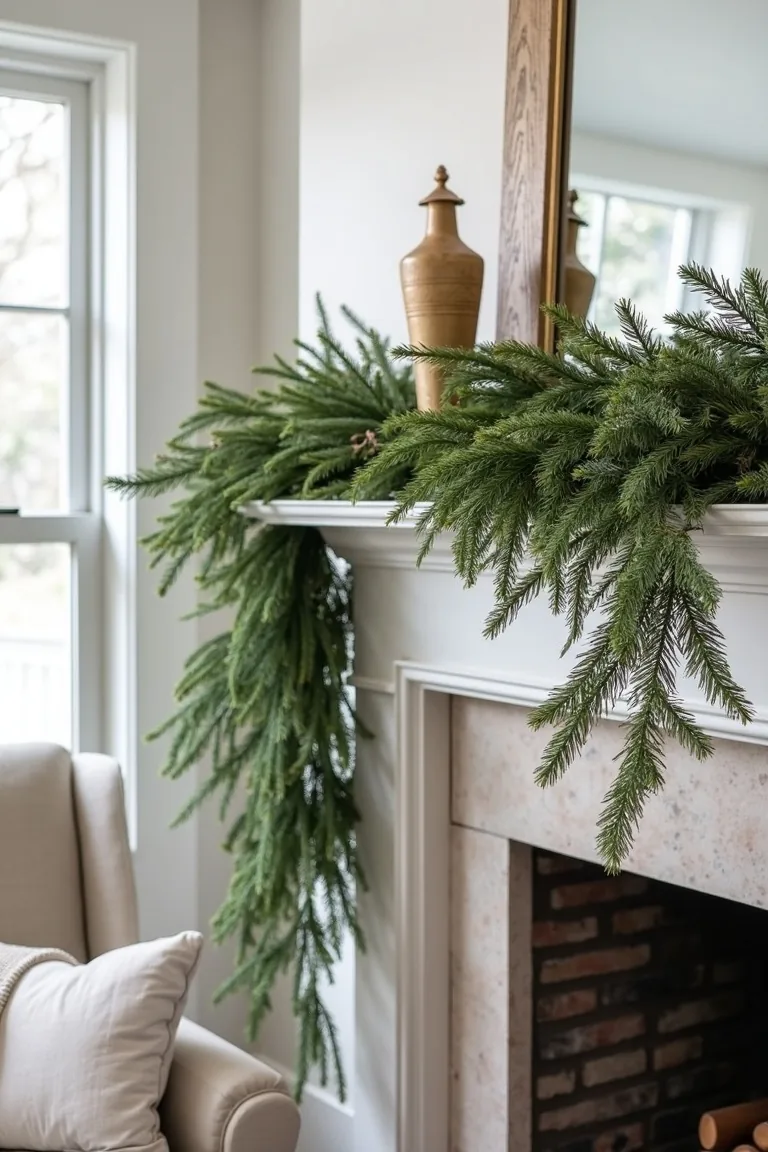Lush evergreen garland draping off one side of a mantel