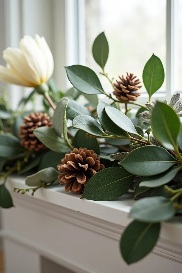Botanical garland with magnolia, eucalyptus and pinecones