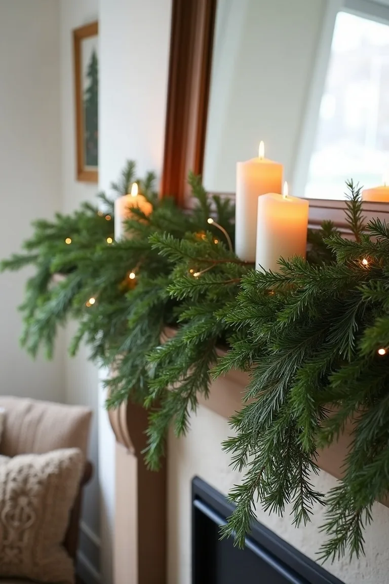 Cedar greenery cascading down a winter mantel with white candles