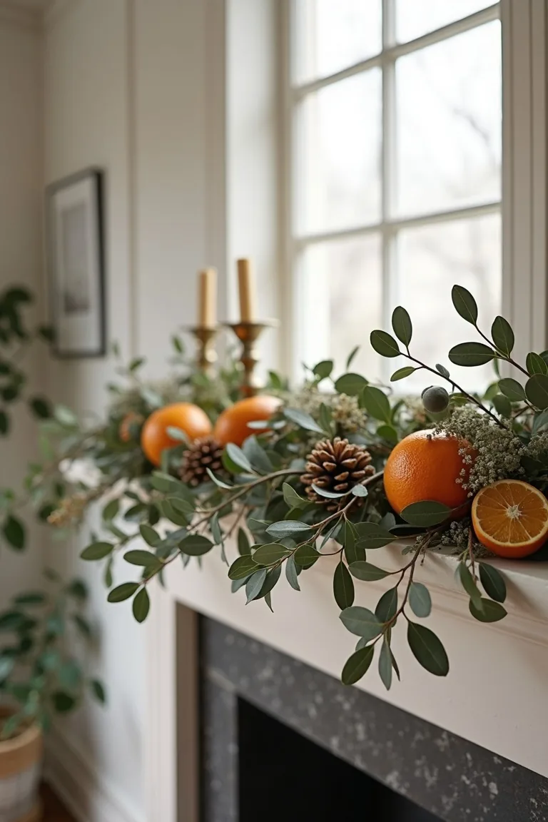 Eucalyptus and olive branches woven across a mantel ledge