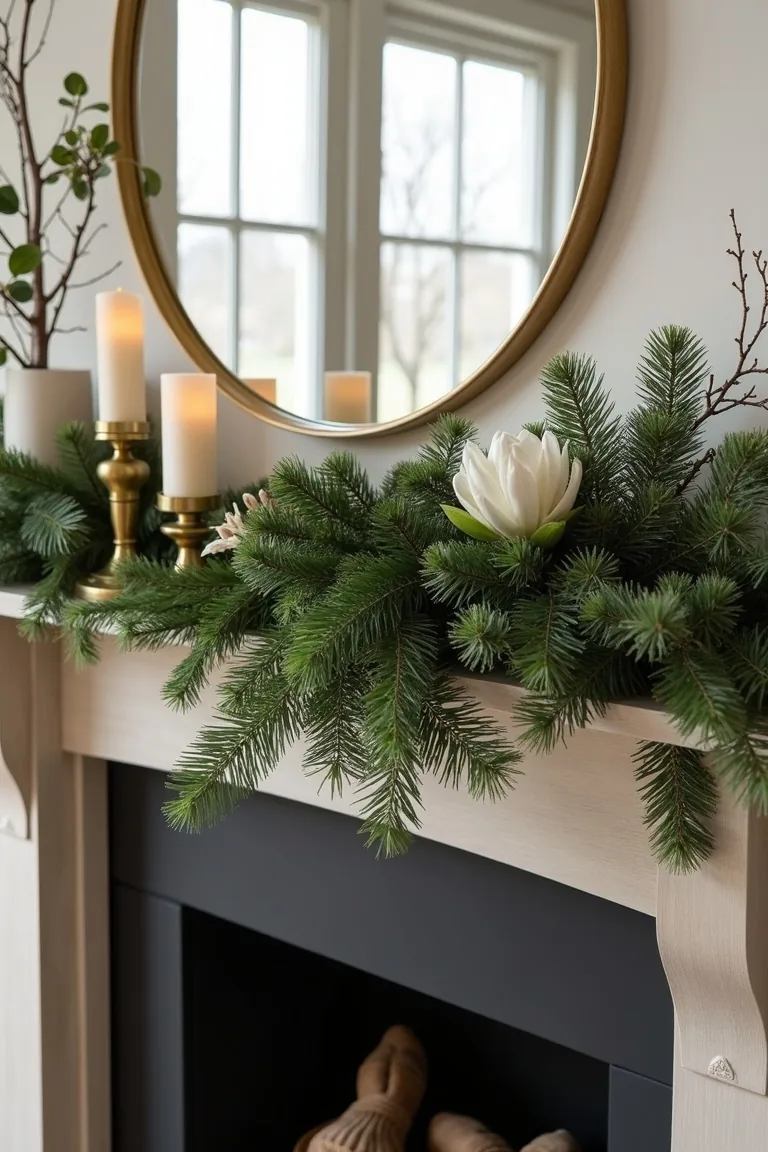 Green garland with brass candlesticks nestled in the foliage