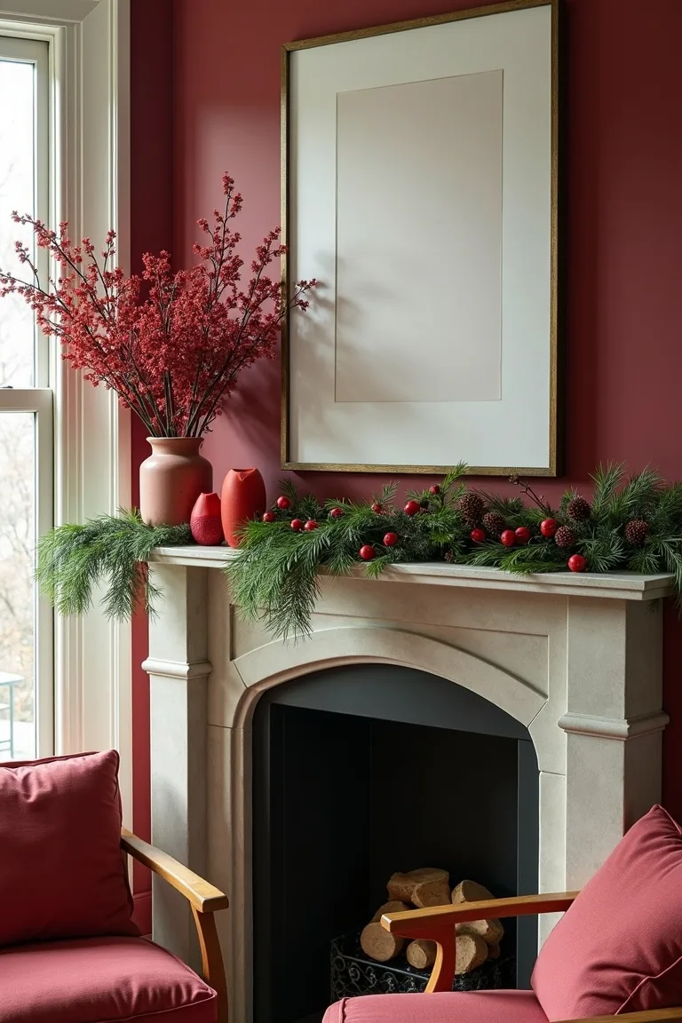 Designer red and green mantel with amaryllis and cedar sprigs