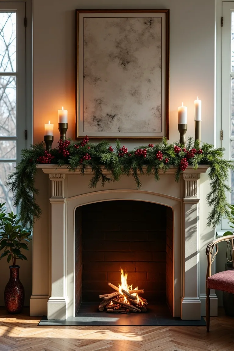 Forest green garland with deep crimson accents and white candles