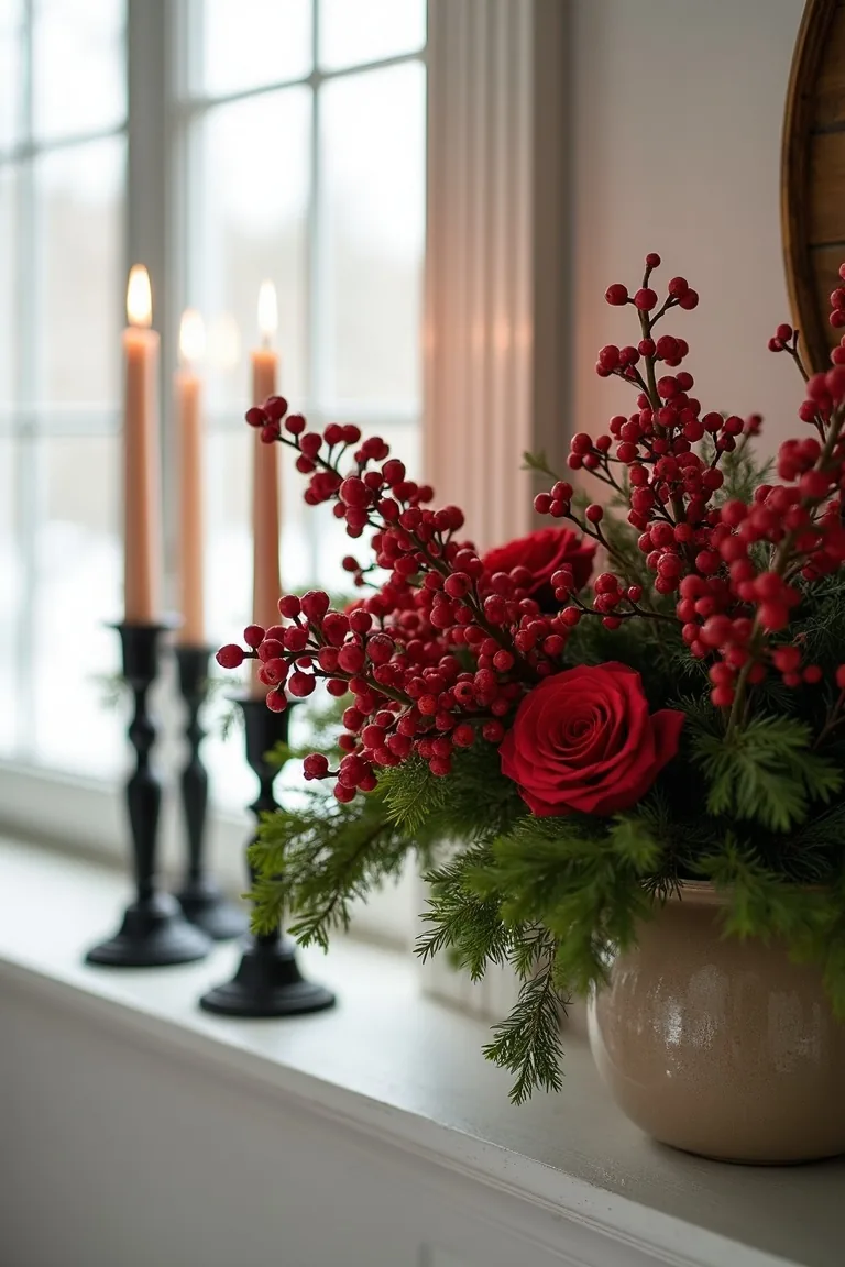 Berry red ranunculus arranged with moss green foliage