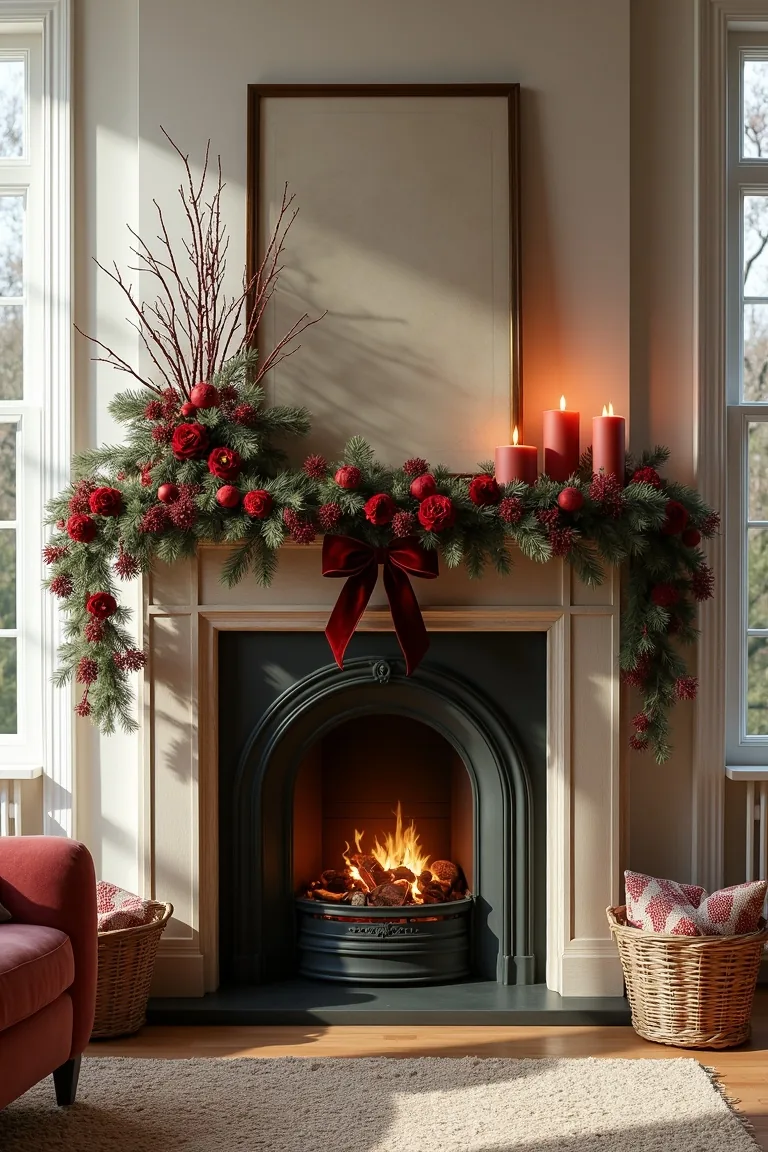 Chic red and green mantel with velvet ribbon and rich florals