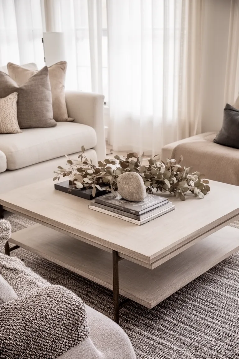 Overhead neutral coffee table with books and dried eucalyptus