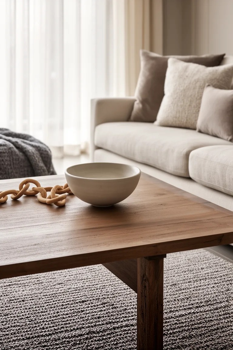 Coffee table vignette with ceramic bowl and wood chain