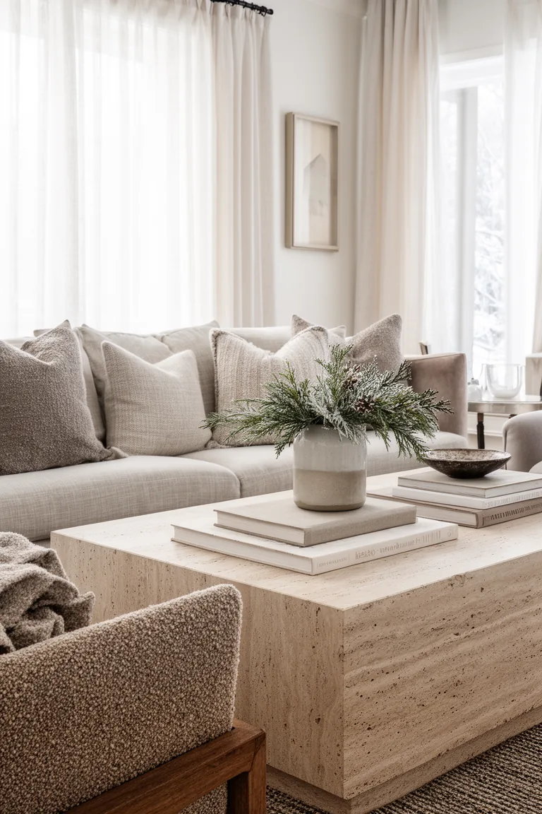 Travertine coffee table with neutral books and winter greens