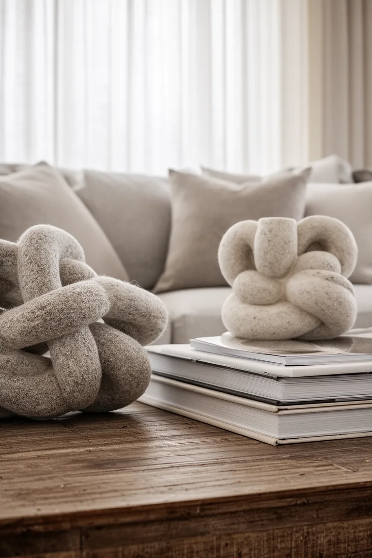 Sculptural stone knot beside oatmeal toned books