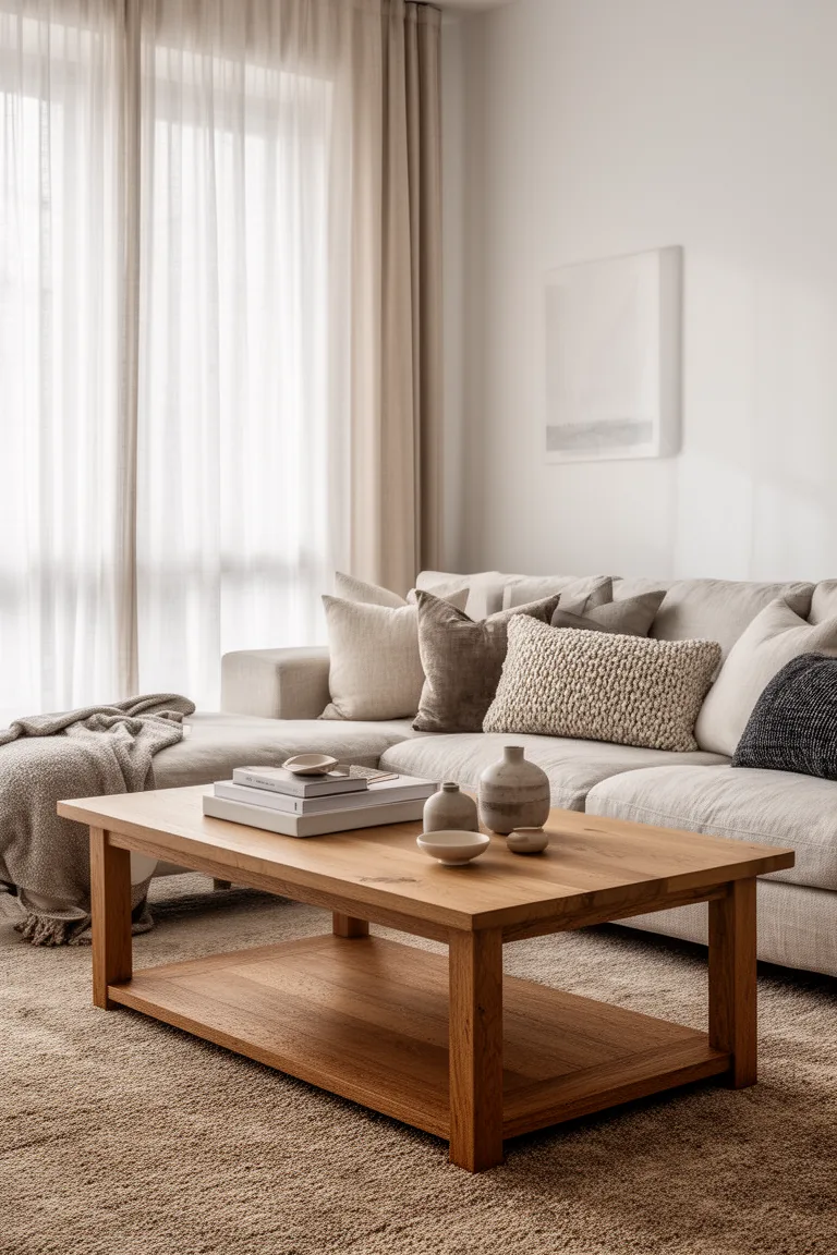 Styled oak coffee table in a calm neutral living room