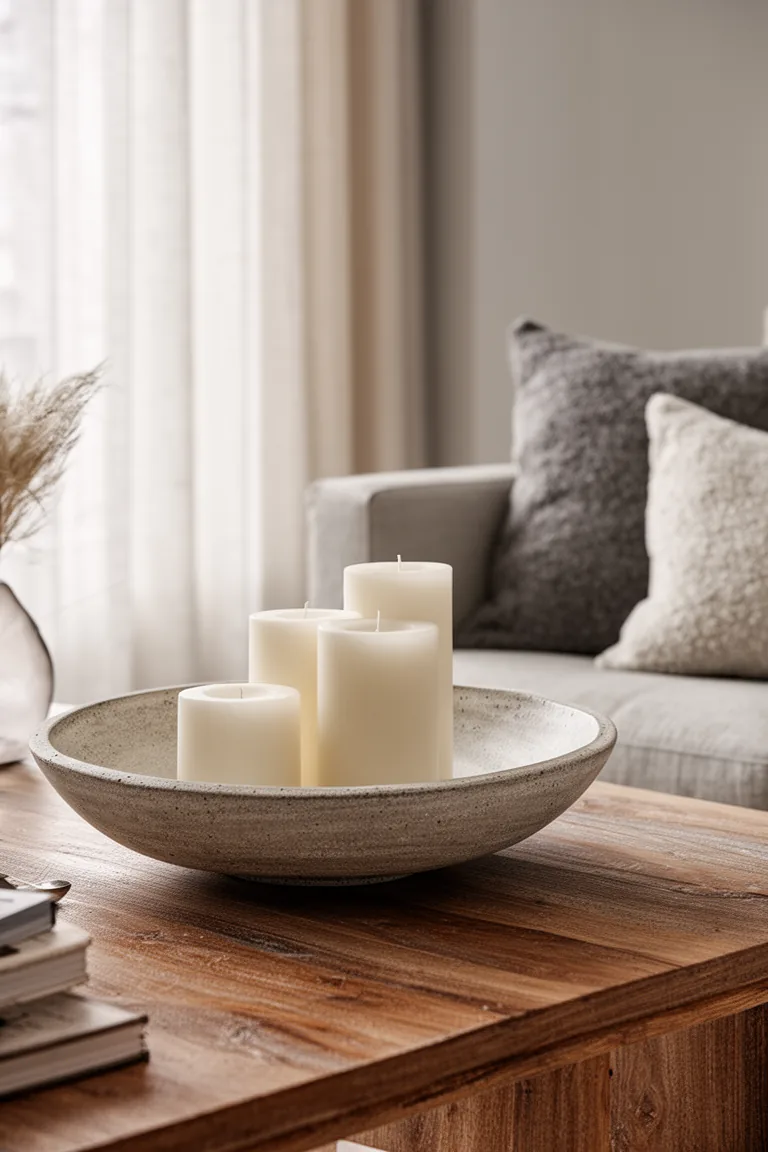 Stoneware bowl of pillar candles at varying heights