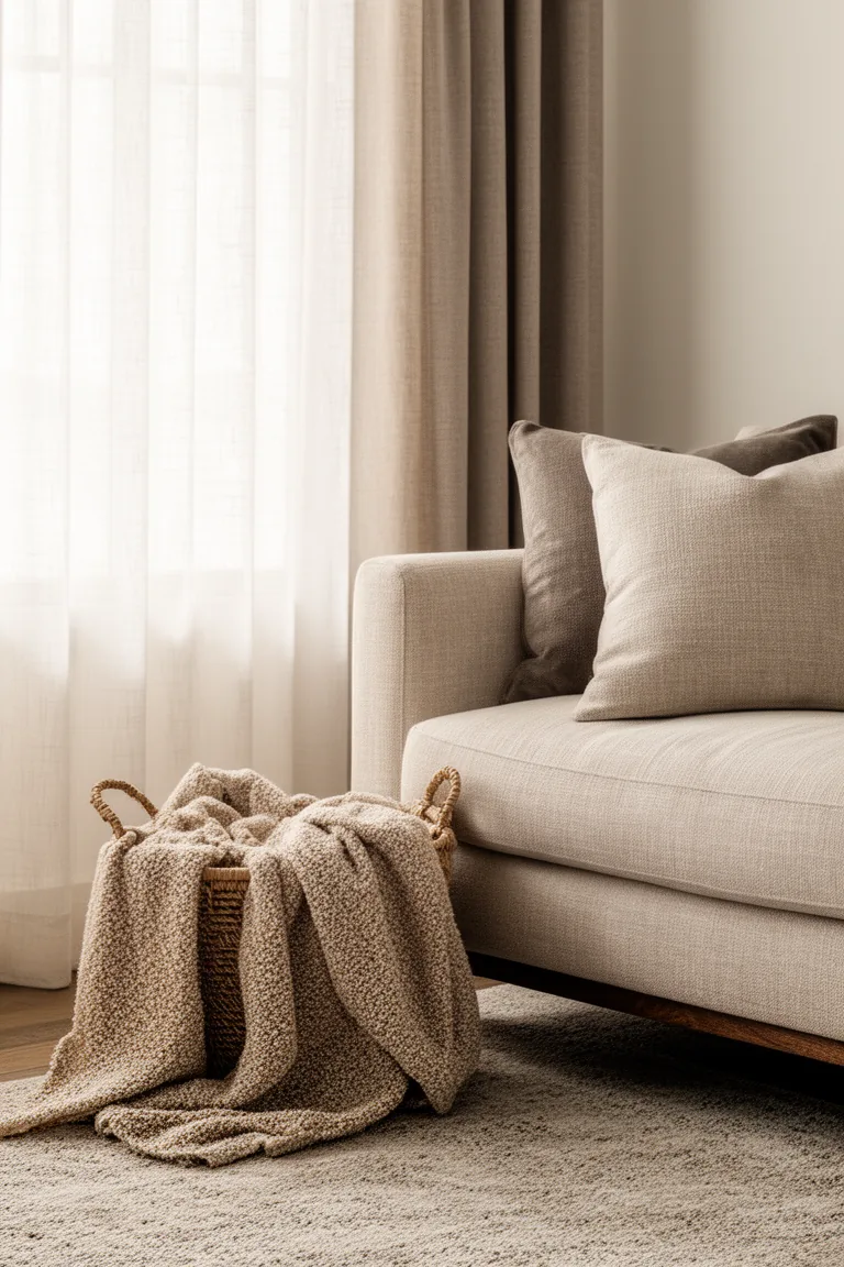 Low basket of oatmeal and sand toned throws beside a sofa