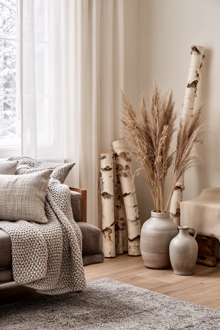 Birch logs in a corner with stoneware and dried grasses