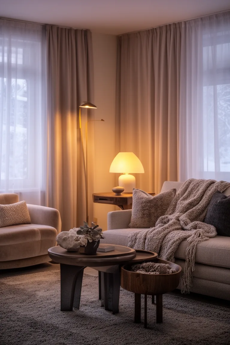 Neutral living room with layered warm lighting at dusk