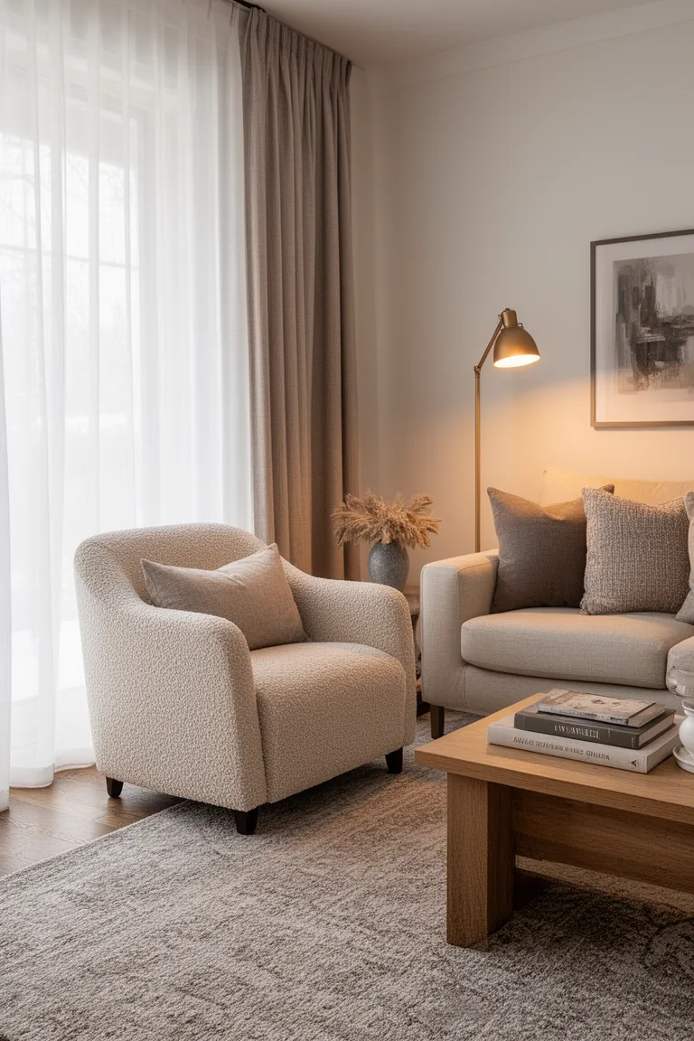 Cozy corner lit by a warm floor lamp beside a boucle chair